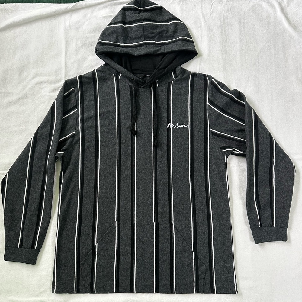 V.A.L.A. Los Angeles Hoodie Mens XL Gray Black Striped Pullover Sweatshirt